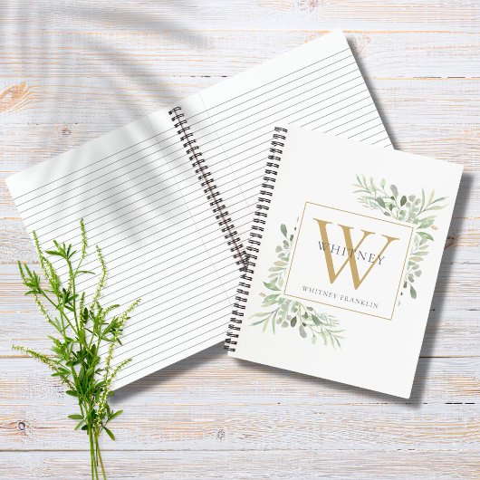 Persoonlijk gouden monogram moderne groenbladeren notitieboek