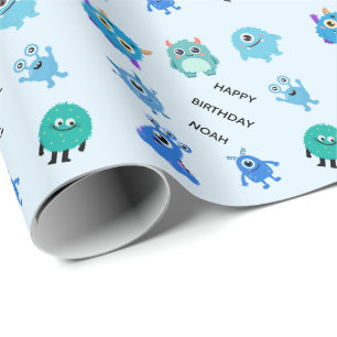 Persoonlijk Grappig Blauw Monster Jongens Verjaard Cadeaupapier