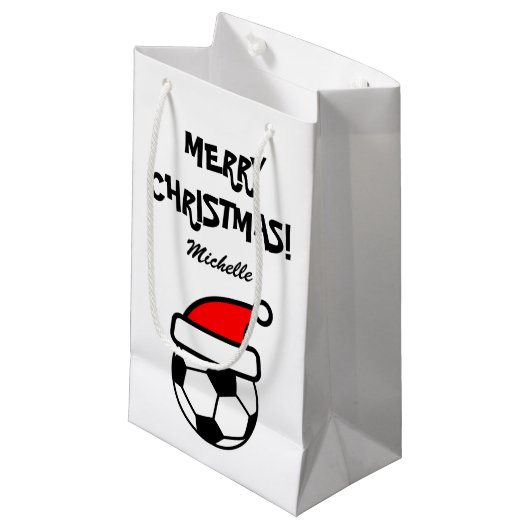Persoonlijk grappig kerstfeest met voetbal klein cadeauzakje (Voorkant Gekanteld)