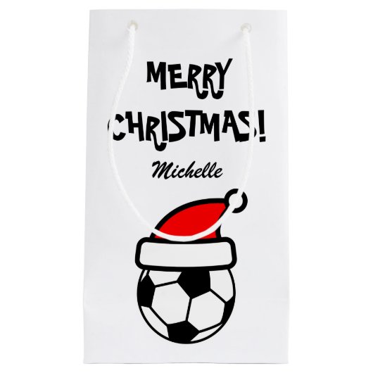 Persoonlijk grappig kerstfeest met voetbal klein cadeauzakje (Voorkant)