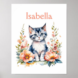 Persoonlijk Grijze Kitten in Roze Bloemen Poster