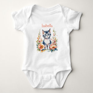 Persoonlijk Grijze Kitten in Roze Bloemen Romper