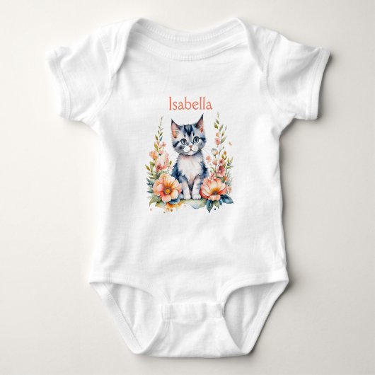 Persoonlijk Grijze Kitten in Roze Bloemen Romper (Voorkant)