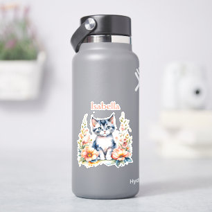 Persoonlijk Grijze Kitten in Roze Bloemen Sticker