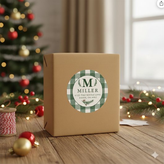 Persoonlijk groen geruit Kerstmonogram Ronde Sticker