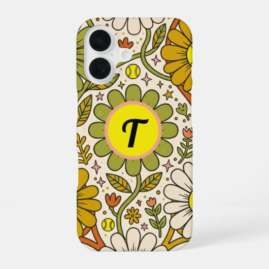 Persoonlijk Groovy Bloem Tennis Monogram iPhone 16 Hoesje (Achterkant)