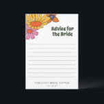 Persoonlijk groovy bloemadvies voor de bruid advieskaart<br><div class="desc">Geef de aanstaande bruid wat groovy advies met onze Persoonlijke 70s Boho Bloemige Advies voor de Bruid Kaart! Deze retro-geïnspireerde kaart heeft levendige bloemmotieven die de vrijgeestige essentie van de jaren 70 vangen. Perfect voor een boho bruidsfeest, het stelt gasten in staat hun wijsheid, tips en hartelijke wensen te delen...</div>