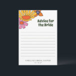 Persoonlijk groovy bloemadvies voor de bruid advieskaart<br><div class="desc">Geef de aanstaande bruid wat groovy advies met onze Persoonlijke 70s Boho Bloemige Advies voor de Bruid Kaart! Deze retro-geïnspireerde kaart bevat levendige bloemmotieven die de vrijgeestige essentie van de jaren 70 vangen. Perfect voor een boho bruidsfeest, het stelt gasten in staat om hun wijsheid, tips en hartelijke wensen voor...</div>