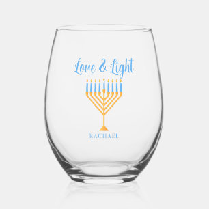 Persoonlijk Hanukkah Menorah Geschenk met Liefde & Wijnglas Zonder Voet