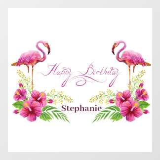 Persoonlijk Happy Birthday roze flamingos Flowers Raamsticker