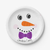 Persoonlijk Happy Face Snowman Paarse Bowtie Papieren Bordje (Voorkant)