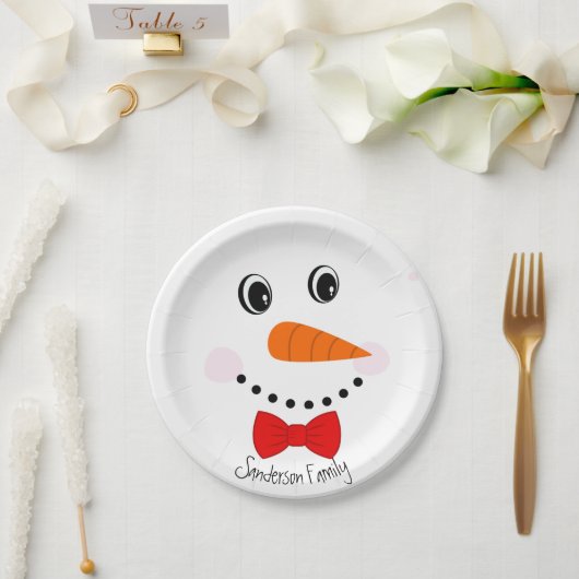 Persoonlijk Happy Face Snowman Red Bowtie Papieren Bordje (Huwelijk)
