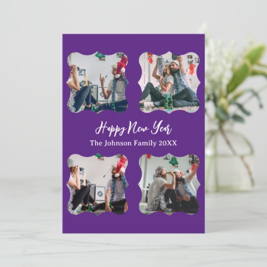 Persoonlijk Happy New Year-script met 4 collagefot Feestdagenkaart (Staand voorkant)