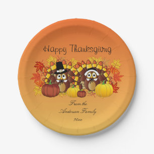 Persoonlijk Happy Thanksgiving Owl Turkey Pilgrims Papieren Bordje