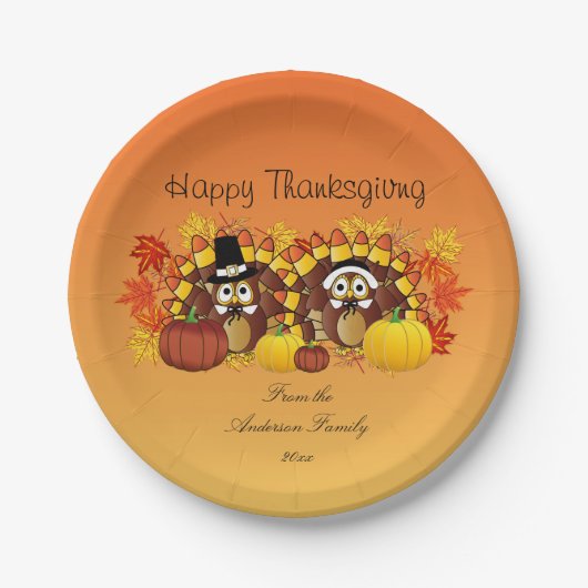 Persoonlijk Happy Thanksgiving Owl Turkey Pilgrims Papieren Bordje (Voorkant)