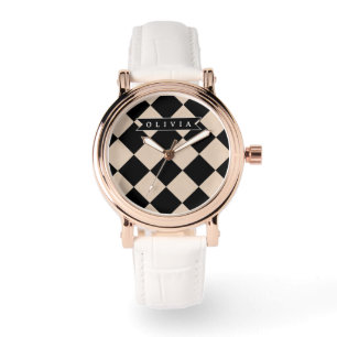 Persoonlijk Hartvormig Zwart Harlekijn Geruit Diam Horloge