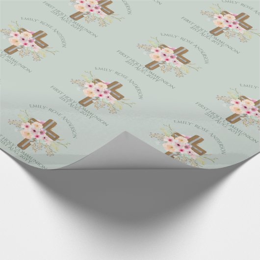 Persoonlijk Heilige Communie Bloemkruis Cadeaupapier (Hoek)