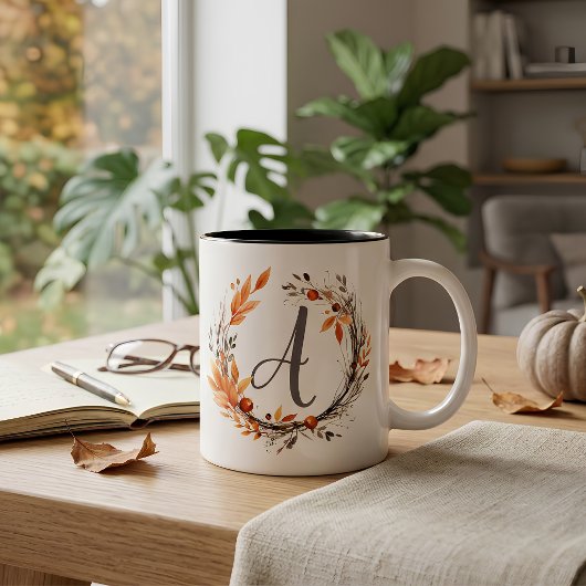 Persoonlijk Herfstloof Monogram Tweekleurige Koffiemok