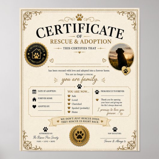Persoonlijk hondenadoptie certificaat cadeau poster (Voorkant)