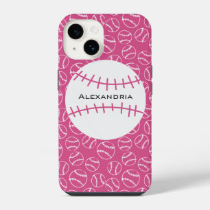 Persoonlijk honkbal softbal patroon op roze iPhone 14 hoesje