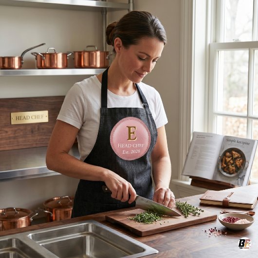 Persoonlijk Hoofd Chef Monogram Roze & Gouden Logo Schort
