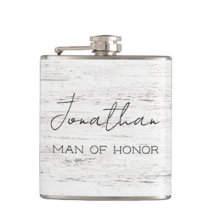 Persoonlijk houten 'Man of Honor' met witte afwerk Heupfles