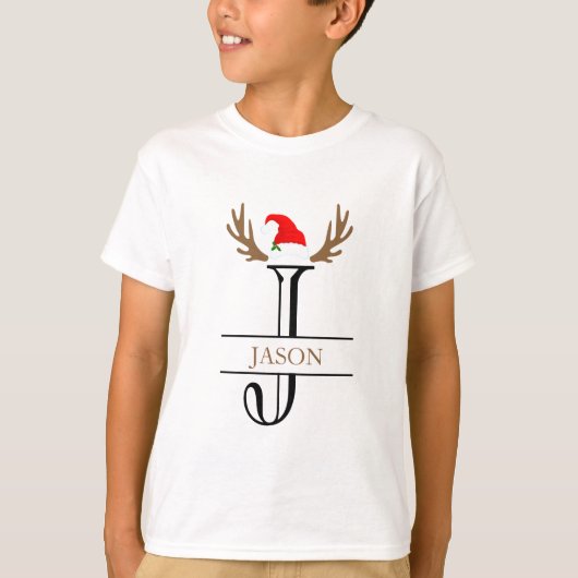 Persoonlijk Initiaal Letter J Santa Hat Antlers T-shirt (Voorkant)