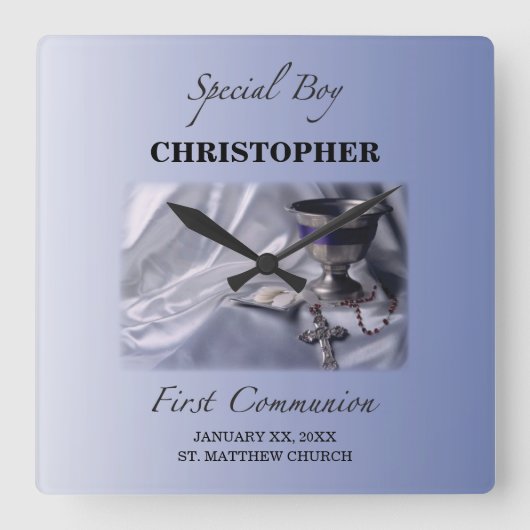 Persoonlijk, jongen, eerste communiqué blauw vierkante klok (Voorkant)