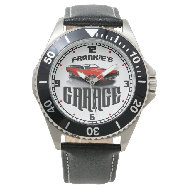 Persoonlijk JOUW NAAM Plymouth Cuda Car Garage Horloge (Voorkant)