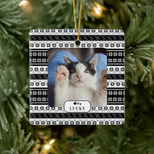Persoonlijk kat zwart breipatroon huisdier foto keramisch ornament (Boom)