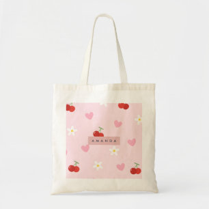 Persoonlijk kersen-, madeliefjes- en roze hartpatr tote bag