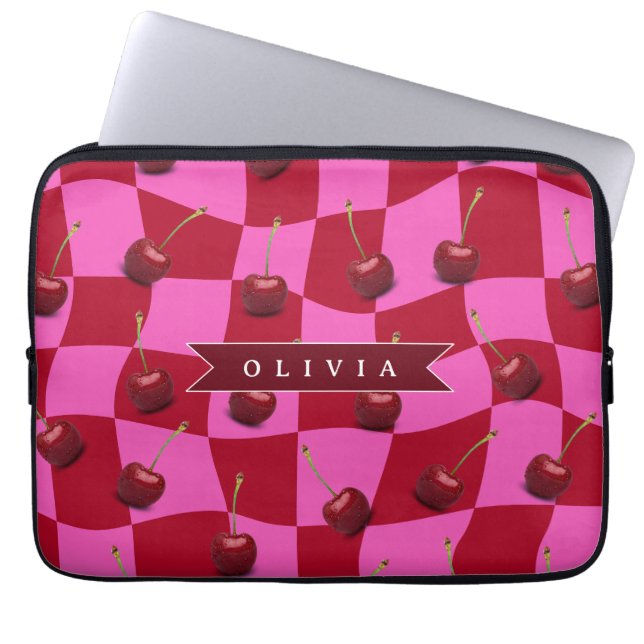 Persoonlijk Kersenruit Retro Aangepaste Naam Laptop Sleeve (Voorkant)