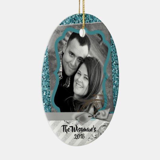 Persoonlijk kerstblauw Glitter PHOTO Ornament (Rechts)