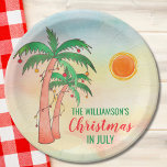 Persoonlijk kerstfeest in juli Bord papier<br><div class="desc">Persoonlijk kerstfeest in juli Bord. Laten we kerst vieren in juli met een BBQ of feest! Nodig familie en vrienden uit voor de kerstviering en versier het met deze papieren luiers van eilandstijl die handgetekende palmbomen bevatten die zijn gedecoreerd met lichten op een achtergrond van de waterverf. Pas deze leuke...</div>