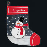 Persoonlijk kerstfeest Snowman Stocking Kleine Kerstsok<br><div class="desc">Deze sneeuwscène is geprint van een collage die is ontworpen door Helen McCartney Design.</div>