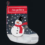 Persoonlijk kerstfeest Snowman Stocking Kleine Kerstsok<br><div class="desc">Deze sneeuwscène is geprint van een collage die is ontworpen door Helen McCartney Design.</div>
