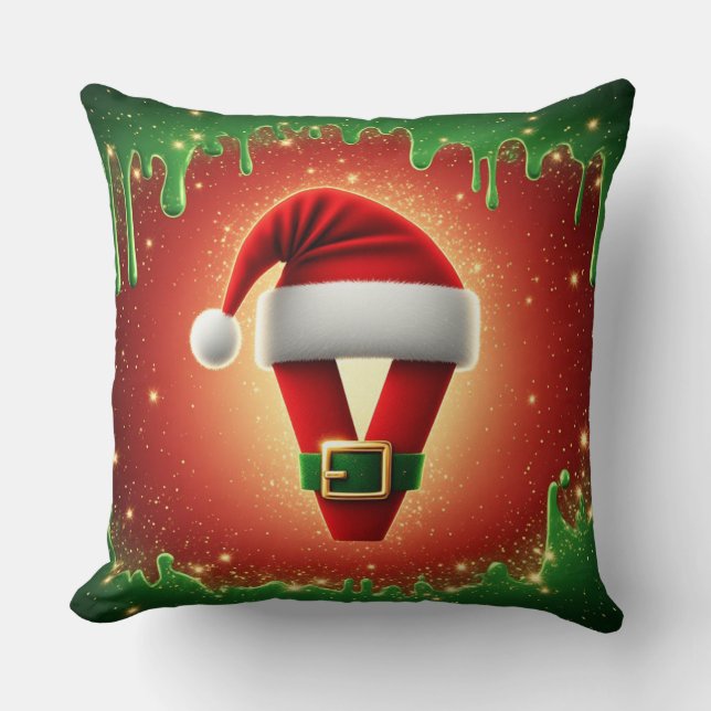 Persoonlijk Kerstmis Monogram V met Kerstmannenhoe Kussen (Voorkant)