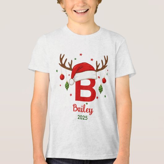 Persoonlijk Kerstmonogram B Kerstman Hoed Tri-Blend Shirt (Voorkant)
