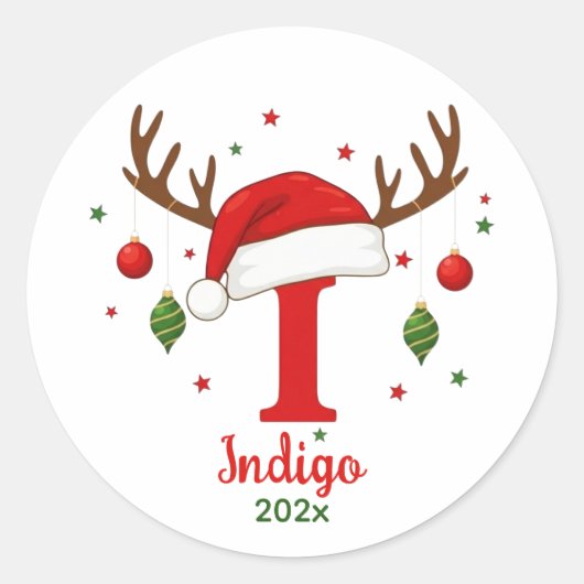 Persoonlijk Kerstmonogram I Kerstmannenhoed Ronde Sticker (Voorkant)