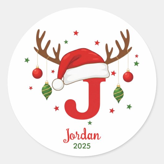 Persoonlijk Kerstmonogram J Kerstmannenhoed Ronde Sticker (Voorkant)