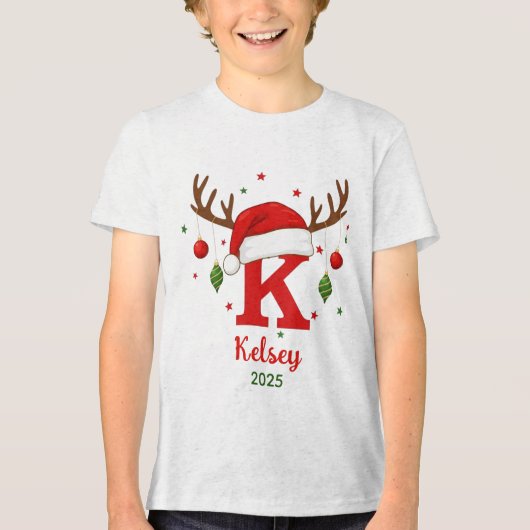 Persoonlijk Kerstmonogram K Kerstmannenhoed Tri-Blend Shirt (Voorkant)