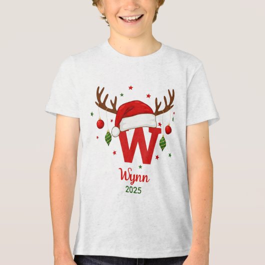 Persoonlijk Kerstmonogram Met Santa Hoed Tri-Blend Shirt (Voorkant)