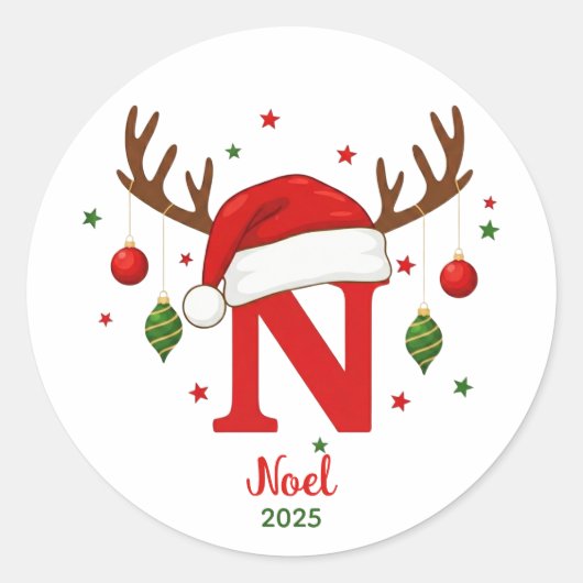Persoonlijk Kerstmonogram N Kerstmannenhoed Ronde Sticker (Voorkant)