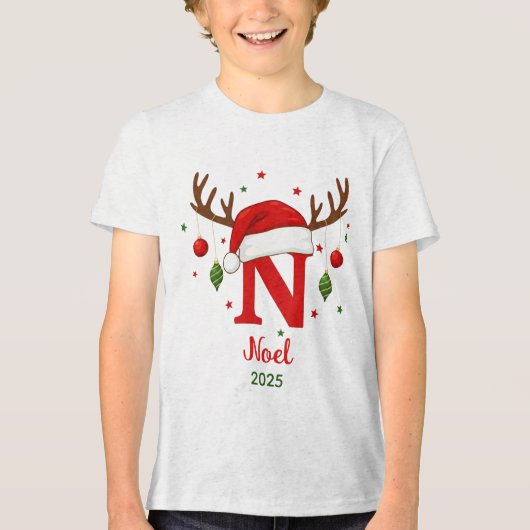 Persoonlijk Kerstmonogram N Kerstmannenhoed Tri-Blend Shirt (Voorkant)