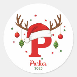 Persoonlijk Kerstmonogram P Kerstmannenhoed Ronde Sticker