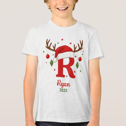 Persoonlijk Kerstmonogram R Kerstmannenhoed Tri-Blend Shirt (Voorkant)