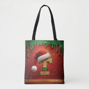 Persoonlijk Kerstmonogram T met kerstmuts Tote Bag