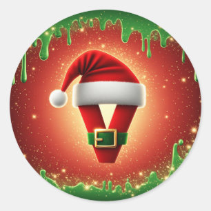 Persoonlijk Kerstmonogram V met Santa-hoed Ronde Sticker