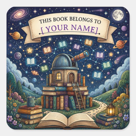 Persoonlijk kinderleesavontuur-ex-libris vierkante sticker (Voorkant)