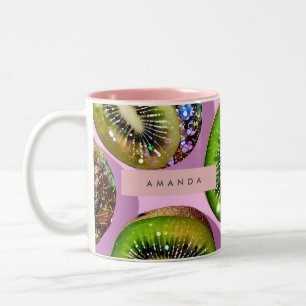 Persoonlijk Kleurrijk Glitter Kiwi Pop Art Ontwerp Tweekleurige Koffiemok